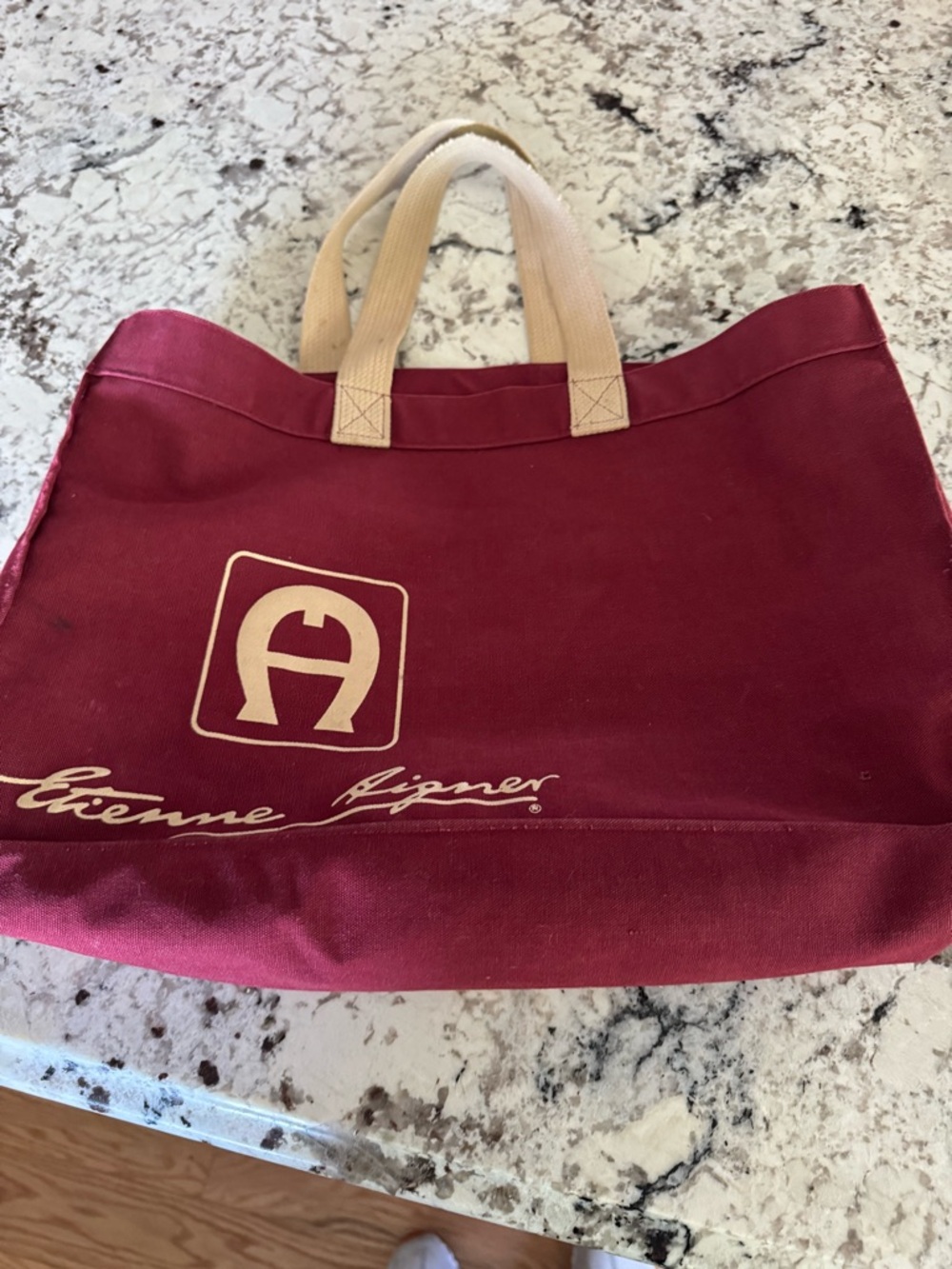 Etienne Aigner Burgundy Canvas Tote with Cream Handles